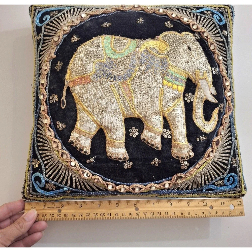 Vintage Boho Kalaga Burmese Elephant Embroidered Sequin Throw Accent Pillows x 2
